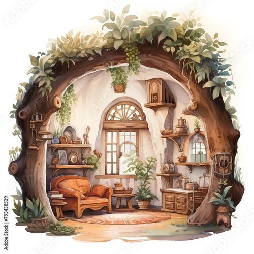 Illustration of a cozy living room in the style of a fairy tale photo