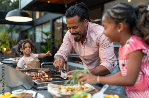 A happy father in his late thirties with black hair and beard  wearing a pink shirt is grilling on an electric grill outside at a family gathering