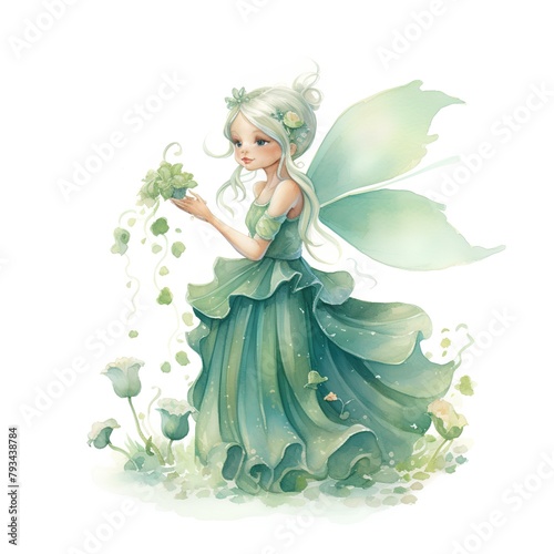Beautiful watercolor fairy in green dress with a bouquet of flowers