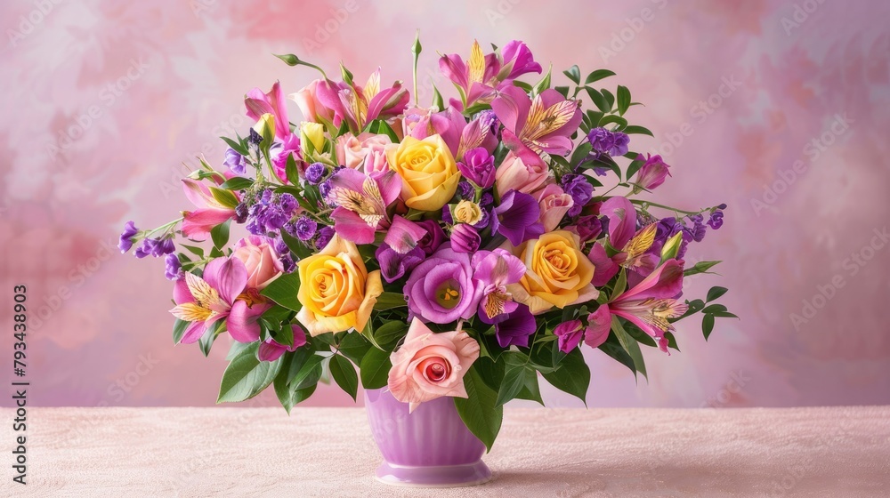 A vibrant bouquet featuring pink and yellow roses paired with purple alstroemeria blooms pops against a soft pink backdrop ideal for occasions like birthdays Valentine s Day or Mother s Day