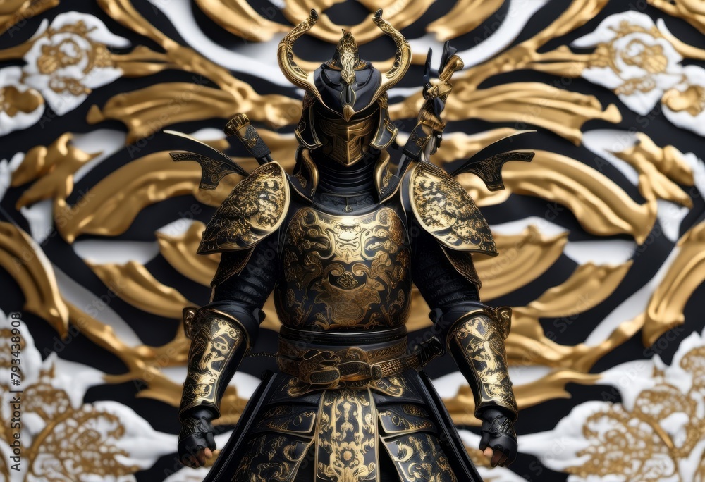 A Dramatic Powerful 3D Model of An Ornate Black and Gold Japanese Samurai with Armour and Swords in a Decorative Dojo Scene
