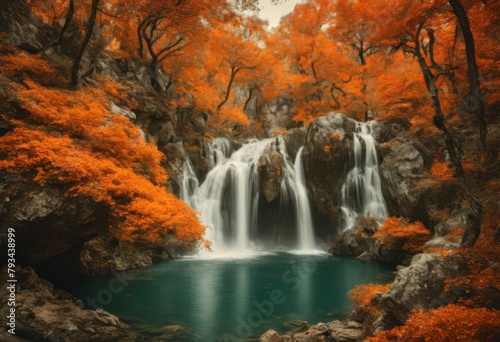 A Beautiful and Tranquil Autumn Fall Nature Scene With A River  Waterfall and Vibrant Orange Leaves on Trees