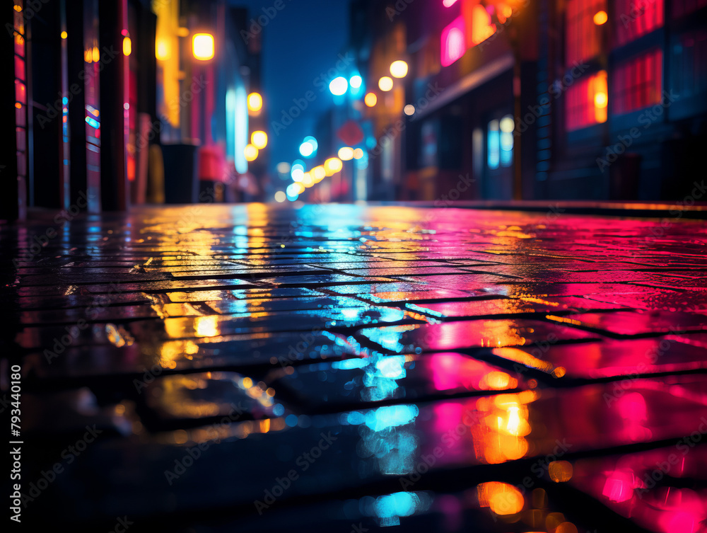 Fototapeta premium A city street at night with neon lights reflecting on the wet pavement