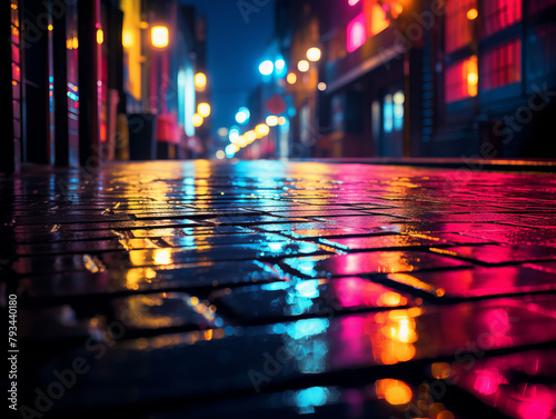 A city street at night with neon lights reflecting on the wet pavement