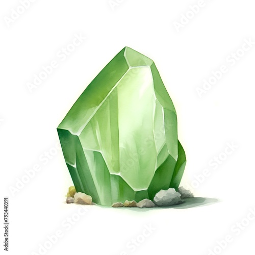 Illustration of a green crystal on a white background. Watercolor photo