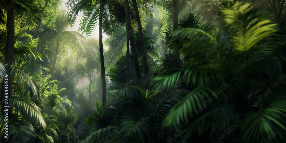 Wild tropical jungle forest park tree landscape. Adventure travel risky explore trip background landscape.
