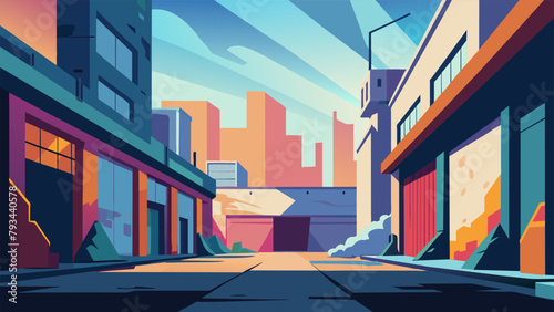 In a rundown warehouse district an abandoned building is transformed by a graffiti artists skillful use of color and symbolism conveying a