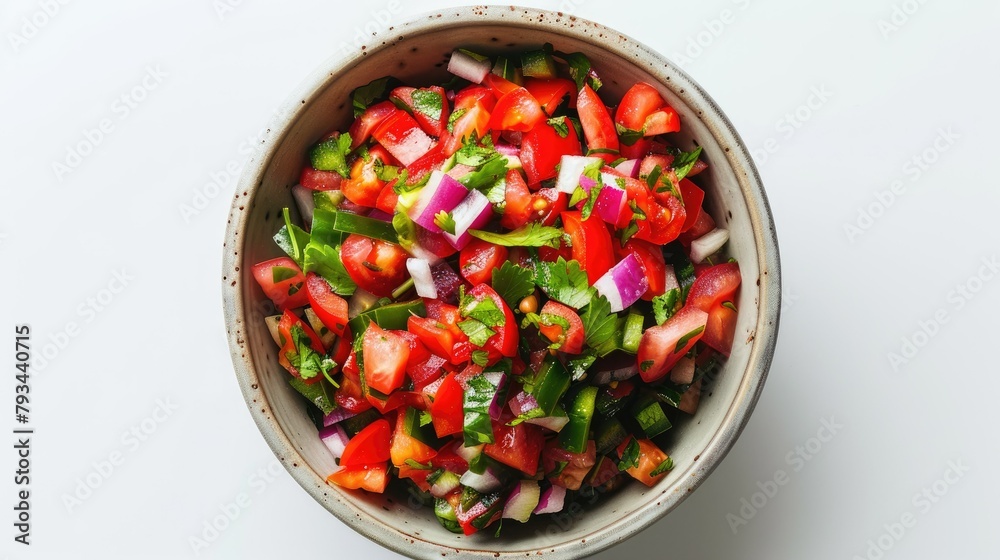 A vibrant bowl of freshly made pico de gallo set against a white background and captured from an aerial perspective A vibrant bowl of freshly made pico de gallo set against a white background and captured from an aerial perspective
