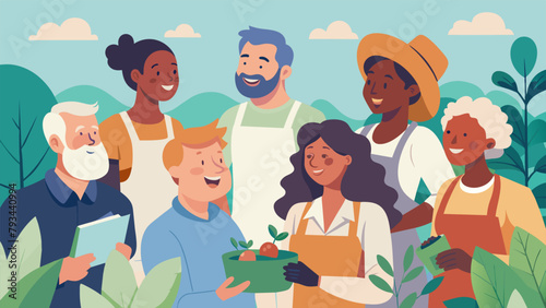A multicultural group of volunteers each with different gardening knowledge and techniques sharing their skills and laughter in a bustling
