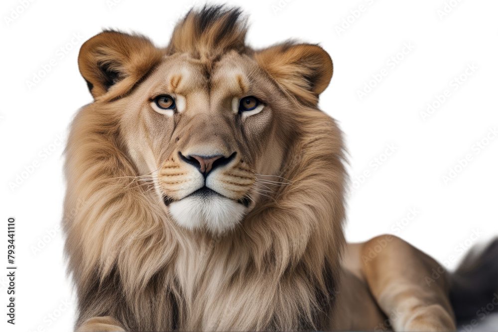 front background white lion africa animal big cat carnivore creature danger felino fur furry isolated on large male mammal nobody predator profile half face south standing up studio shot whisker wild
