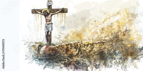 Redeemer: The Cross and Open Tomb - Visualize Jesus on the cross with an open tomb in the background, illustrating his role as the redeemer. 