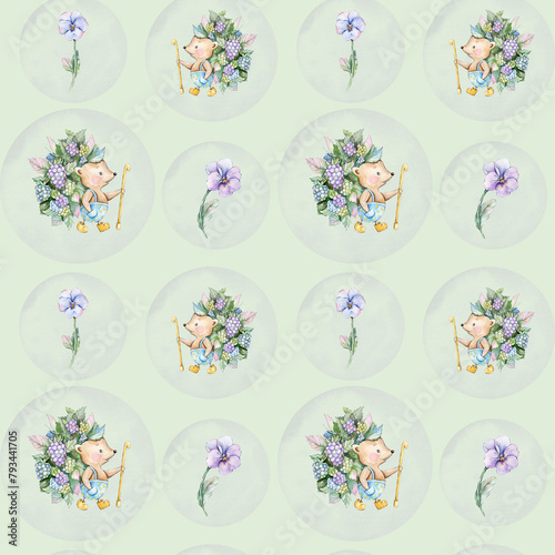 Seamless pattern with hedgehog, flowers and bubbles