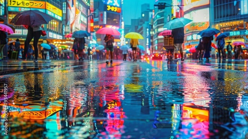 Rainy Cityscape with Vibrant Neon Reflections