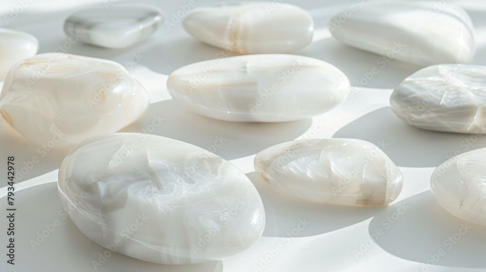 A sample of naturally polished white nephrite gemstone on a white surface A sample of naturally polished white nephrite gemstone on a white surface