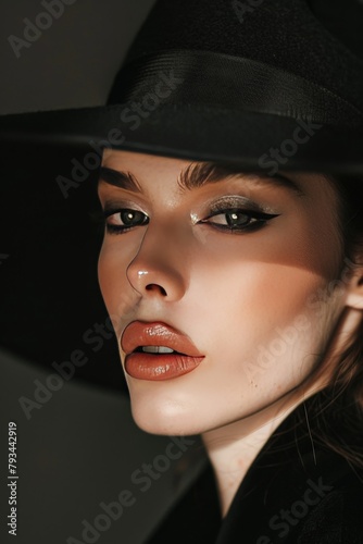 A captivating image of a model tilting her black hat forward, creating a play of light and shadow on her face. Her eye makeup is bold and graphic, a stark contrast to her softly tinted lips