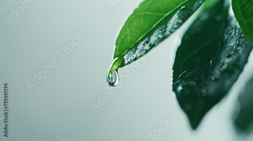 A close-up of a drop of water about to fall from the tip of a leaf, the clean background accentuating the purity and simplicity of the moment.