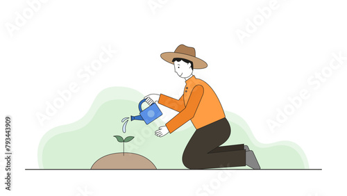 새싹에 물주는 농부(캐릭터+농부+농사+풀)