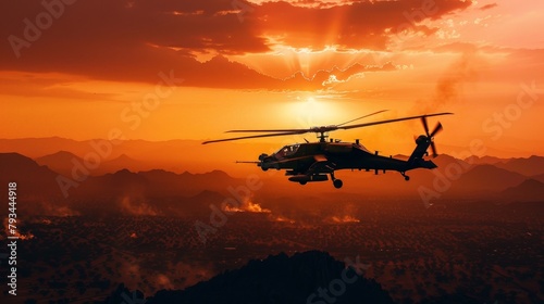 A commanding view of an Apache helicopter hovering over a rugged terrain, its silhouette sharply outlined against the fiery hues of the sunset, weapons bristling and ready for deployment. photo