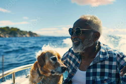 African American senior man in sunglasses with his dog on a boat enjoying the sea breeze.