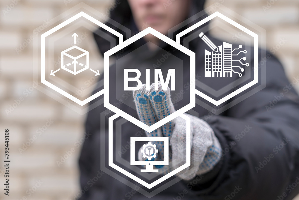 Worker using on virtual touch screen presses abbreviation: BIM. Building Information Modeling ( BIM ) Engineering Development Software Concept. BIM Industry Technology. Worker using on virtual touch screen presses abbreviation: BIM. Building Information Modeling ( BIM ) Engineering Development Software Concept. BIM Industry Technology.