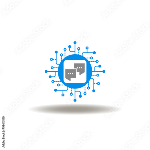 Vector illustration of microchip or processor with speech bubbles. Sign of AI neural network. Icon of chat bot GPT. Symbol of NLP Natural Language Processing or Neuro Linguistic Programming.