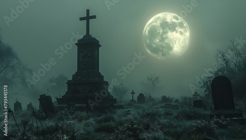 cemetery cross full moon background cryptocurrency last day earth dreary clothes gray fog dead old tombs photo