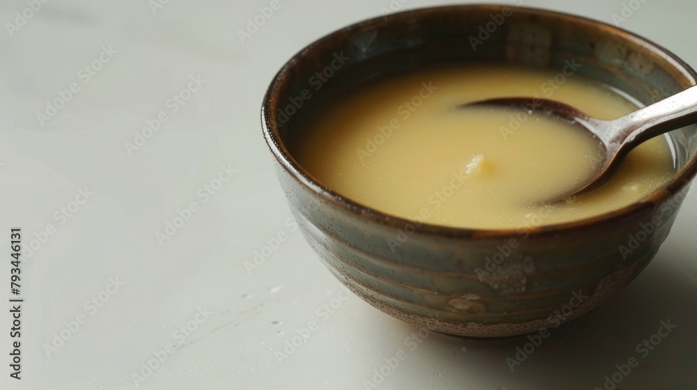 Soup served in a bowl on a white surface with a utensil Soup served in a bowl on a white surface with a utensil