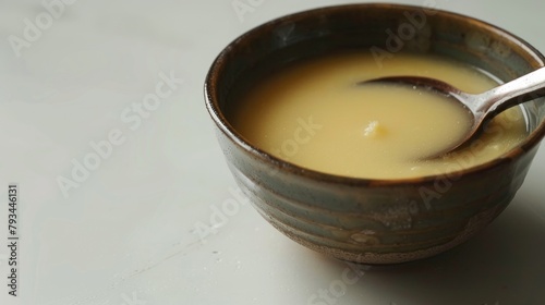 Soup served in a bowl on a white surface with a utensil