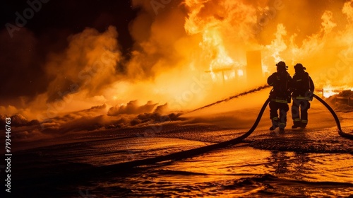 A nighttime operation, where the glow of the flames casts an eerie light on a team working in sync, their hoses aimed like lifelines thrown into a sea of fire, showcasing the dramatic