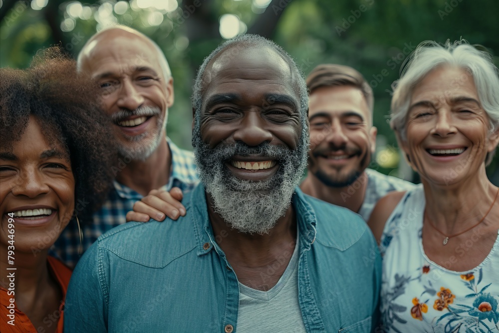 Group of diverse senior people having fun together outdoors. Multiethnic group of friends bonding outdoors. Group of diverse senior people having fun together outdoors. Multiethnic group of friends bonding outdoors.