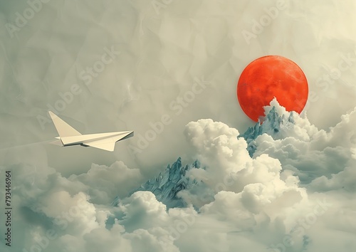 paper airplane flying mountain red moon clouds panoramic wings swan sun infused dream old internet