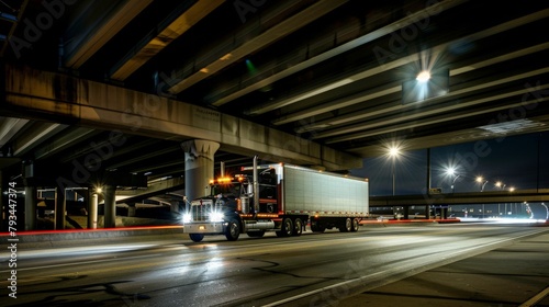 A night scene of a truck passing under freeway overpasses, the overhead lights creating a rhythmic pattern of illumination and shadow, highlighting the non-stop nature of the trucking world.
