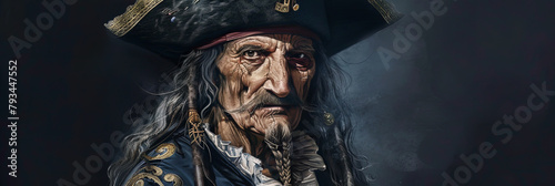 painting of an old pirate with long hair and mustache, wearing black tricorne hat, generative AI photo