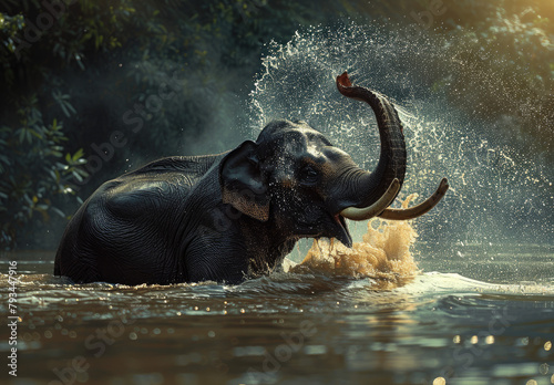 An elephant playfully splashing water with its trunk in the river, surrounded by lush greenery
