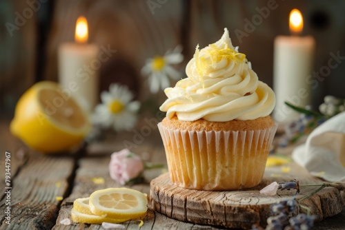 lemon cupcake with lemon cream cheese frosting and a decorative candle