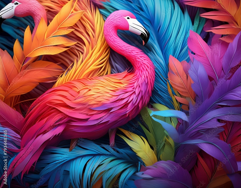 Fototapeta premium a bunch of flamingos made of colorful rainbow feathers