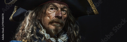 painting of an old pirate with long hair and mustache, wearing black tricorne hat, generative AI photo