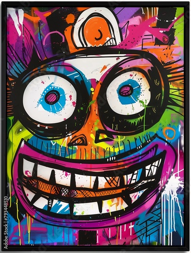 graffiti face big smile duotone screen young psycho phone lysergic descent lunacy madness stainless steal craziness whole bill framed signature tall thin frame photo