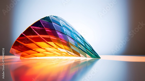 Digital technology refracted light over white wall and white table surface poster web page PPT background