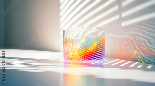 Digital technology refracted light over white wall and white table surface poster web page PPT background