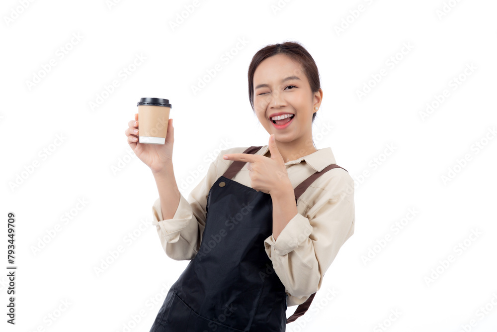 Portrait young asian barista woman wearing apron holding coffee cup and presenting isolated white background, waitress or entrepreneur cheerful and showing, small business or startup, waiter of cafe. Portrait young asian barista woman wearing apron holding coffee cup and presenting isolated white background, waitress or entrepreneur cheerful and showing, small business or startup, waiter of cafe.