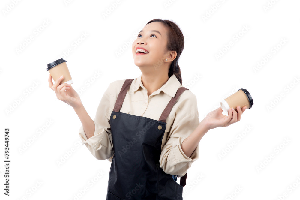 Cheerful young asian woman barista in casual work attire happily holding a takeaway coffee cup, isolated white background, joyful barista presenting takeaway coffee, small business or startup. Cheerful young asian woman barista in casual work attire happily holding a takeaway coffee cup, isolated white background, joyful barista presenting takeaway coffee, small business or startup.