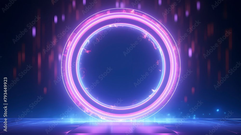 Digital technology glowing neon circle with light sparkles for game PPT background