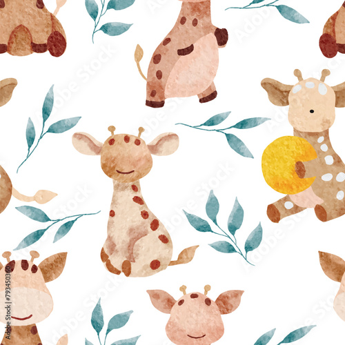Cute Watercolor Giraffe Illustration Seamless Pattern