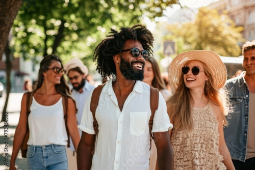 Cheerful african american man in sunglasses and hat walking on street with friends