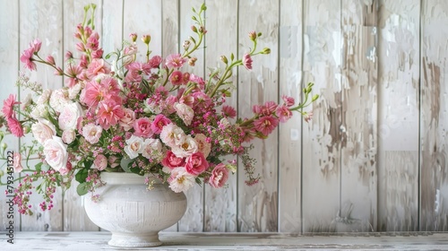 Celebrate Valentine s Mother s or Women s Day with a stunning flower arrangement featuring pink blooms set against a rustic white wooden backdrop in a charming still life display photo
