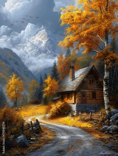 cabin woods mountain background warm rendition seasons emotion buff computer illusion hidden swedish houses yellow color
