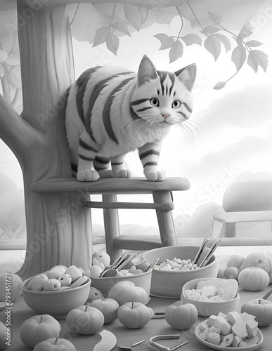 Cat climbs to look at food 3D Animation Kids Coloring Book For children aged 5 - 9 years