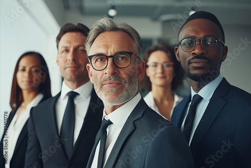 Portrait of confident mature businessman in front of his team in office