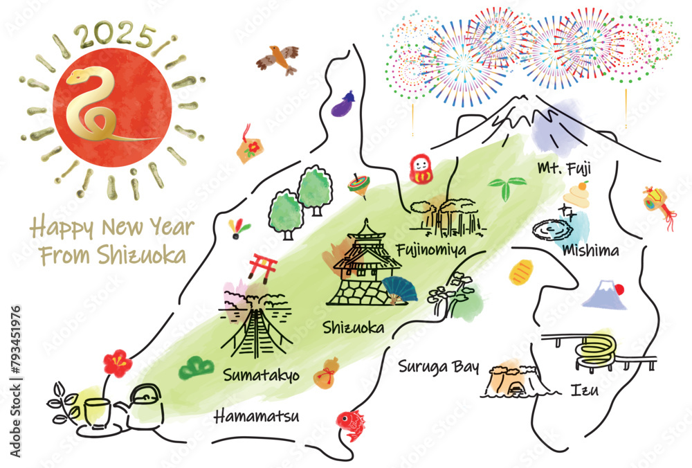 静岡県の観光地のイラストマップ年賀状2025年